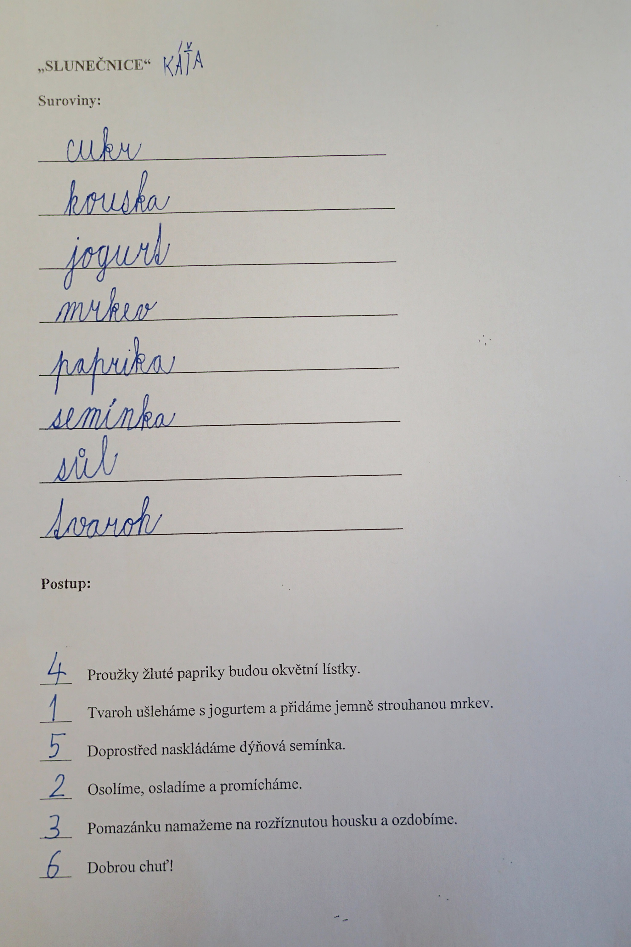 V rámci mezipředmětových vztahů jsme si suroviny seřadili podle abecedy a sestavili pracovní postup. 4
