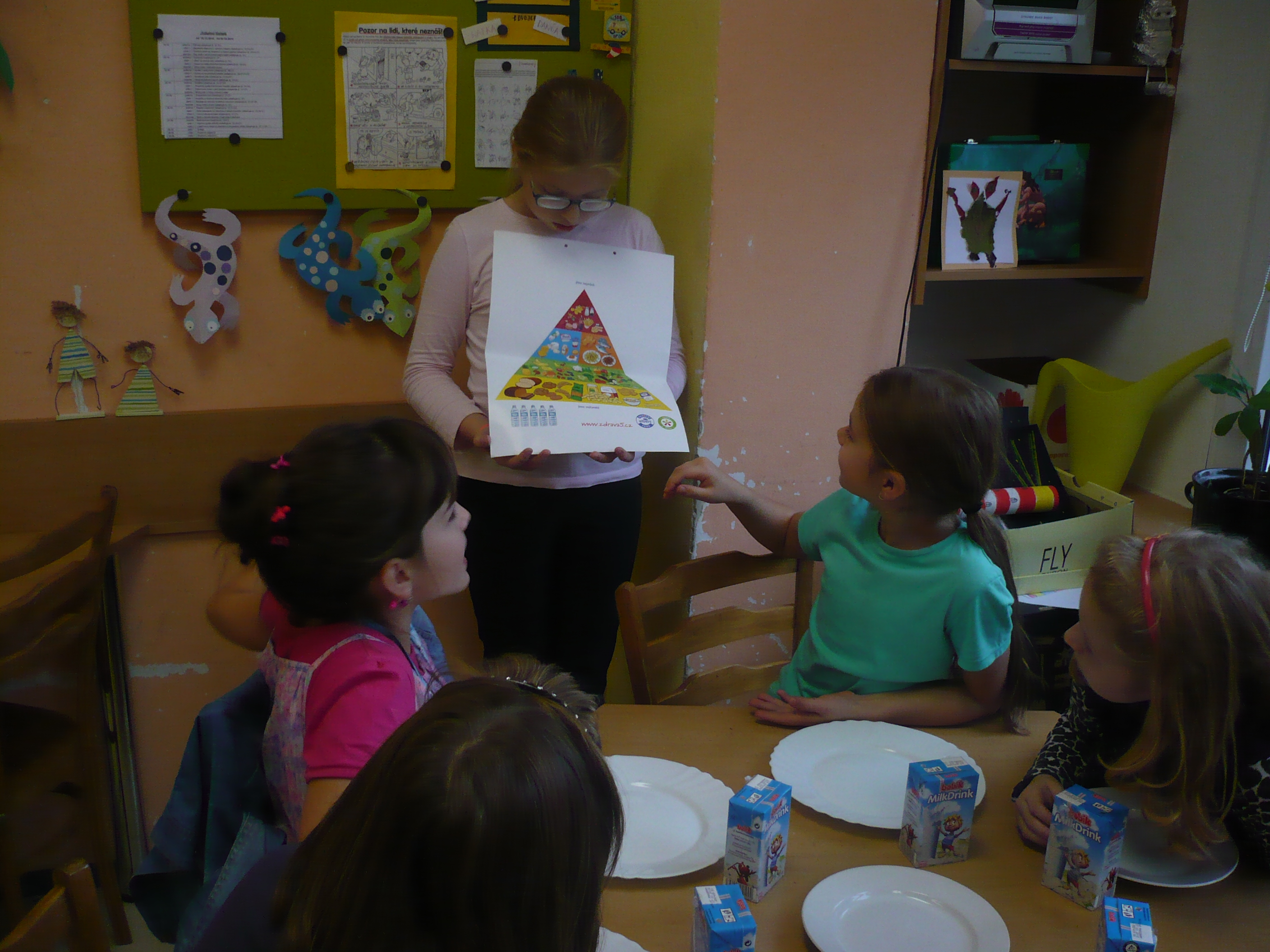 Nejdřív jsme si na potravinové pyramidě ukázaly,které potraviny jsou zdraví prospěšné a které bychom měly jíst co nejméně. 0