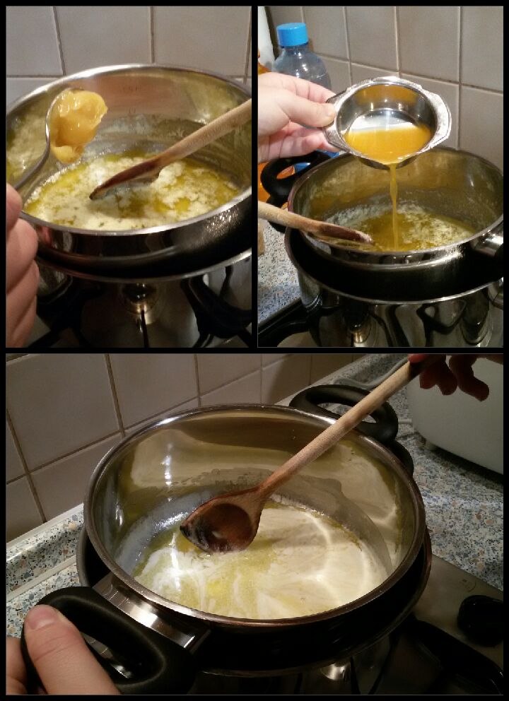 Daly jsme se do přípravy sušenek. Rozpustily jsme máslo a přidaly do něj med a šťávu z vymačkaného citronu a mandarinky 3