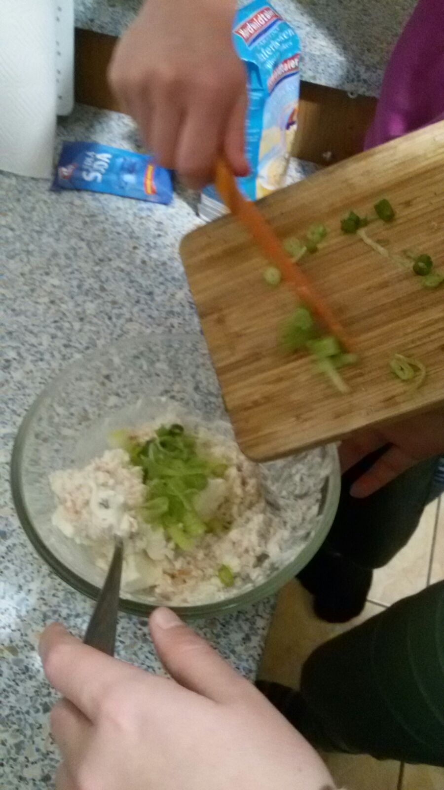 Smíchaly jsme lososa, sýr, kopr a ostatní ingredience a přidaly jsme cibulku a poté všechny ingredience smíchaly dohromady. 7